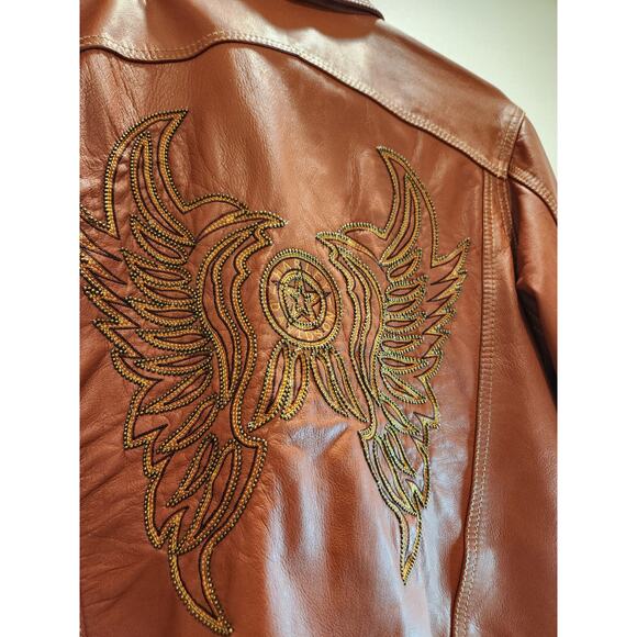 Harley-Davidson Women's Leather Jacket Brown‎ Beaded Wings Size L Vintage 2006 - Picture 3 of 10